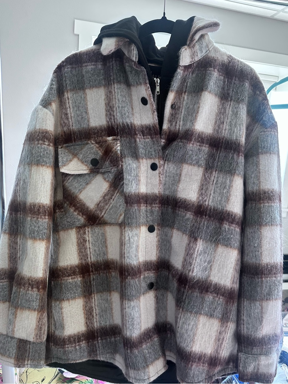 Plaid Button-Up Shacket Jacket - Cream, Gray & Brown